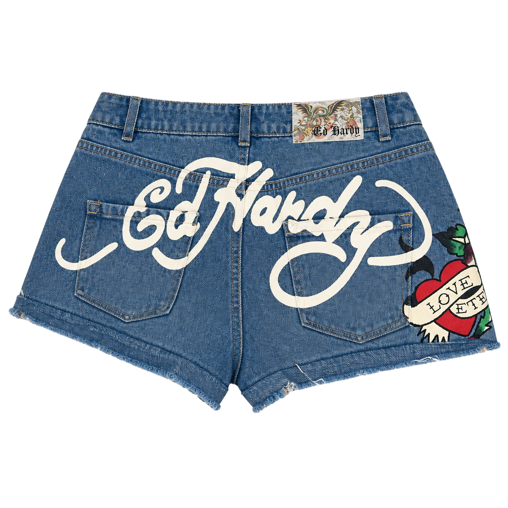 Ed Hardy Denim Shorts Size 26 Blue Love Eternal Tattoo Print Cut-Offs 1