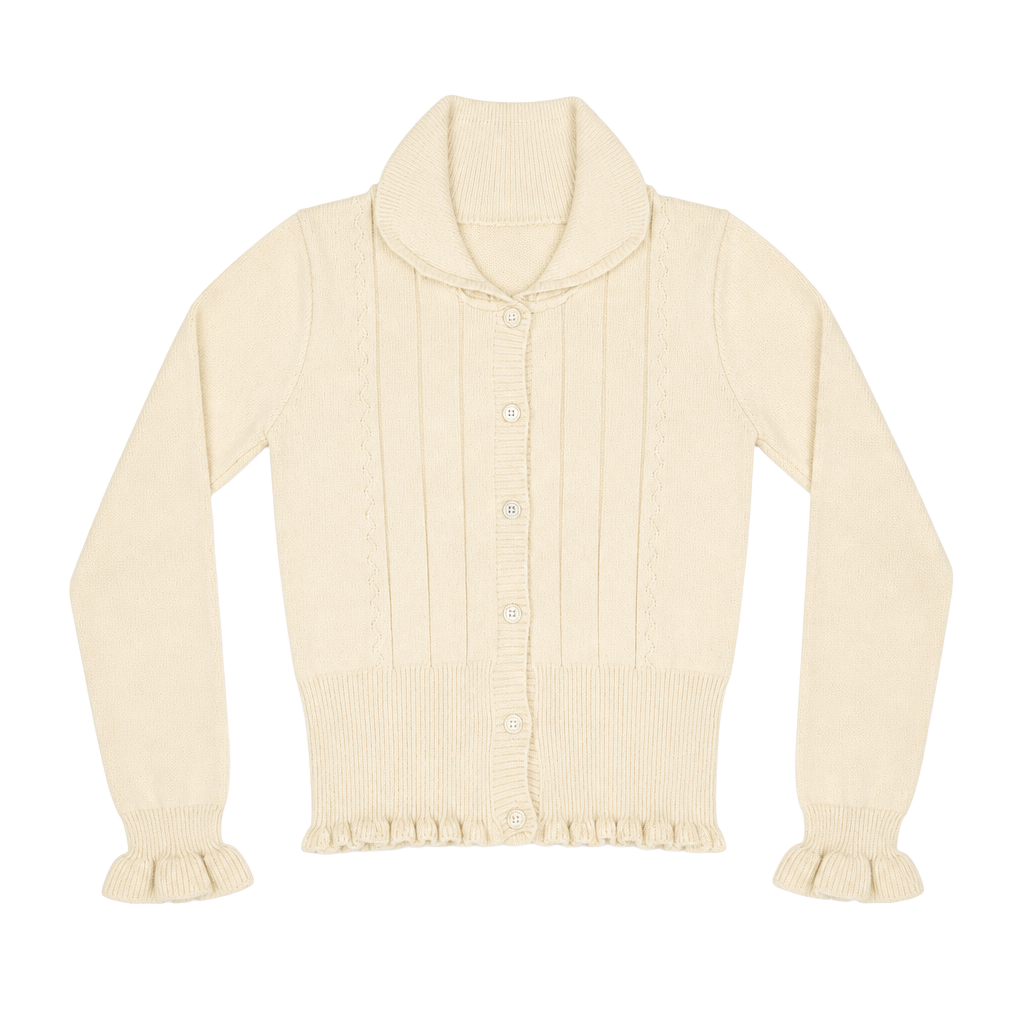 Shetland Virgin Wool Knit Button-Up Cardigan Sweater Cream White Ruffle Cuffs 1