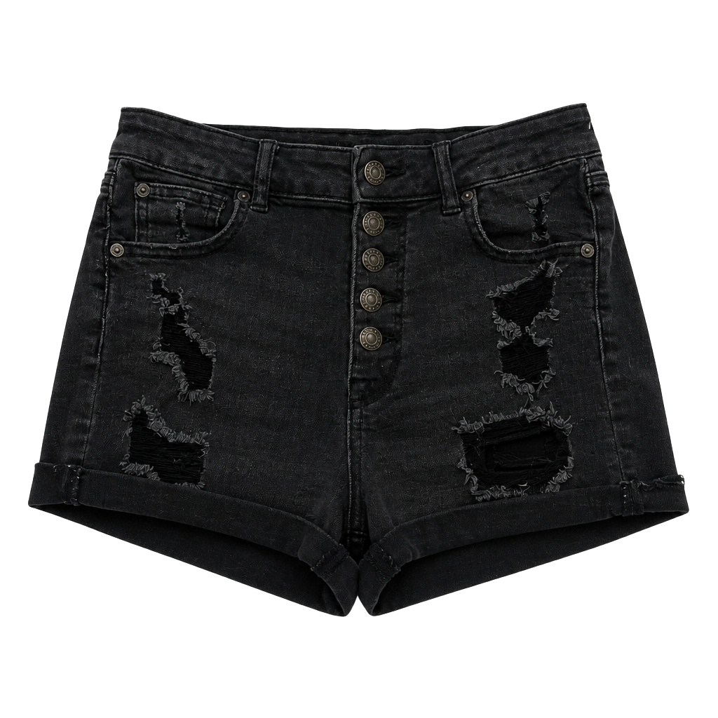 American Eagle Super Hi-Rise Next Level Stretch Black Distressed Button-Fly Shorties 1