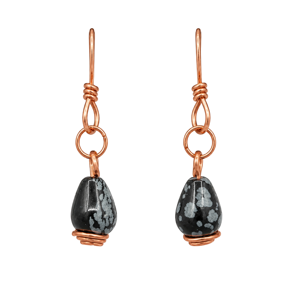 Handmade Copper Wire Wrapped Snowflake Obsidian Teardrop Dangle Earrings 1