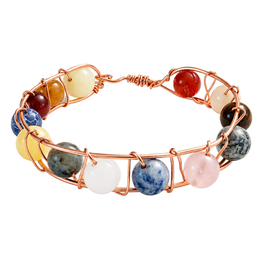 Handmade Copper Wire Wrapped Gemstone Natural Stone Bead Cuff Bracelet 1