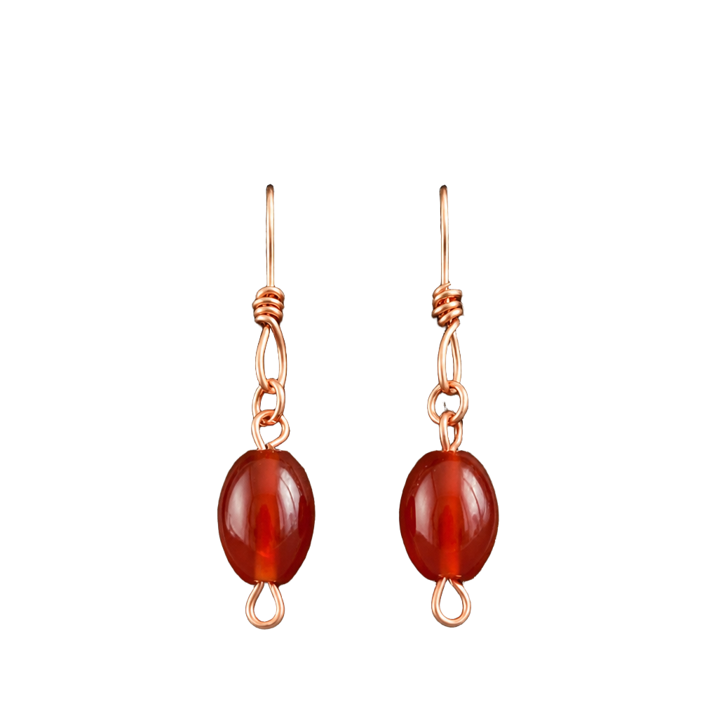Copper Wire Wrapped Oval Carnelian Dangle Earrings 1