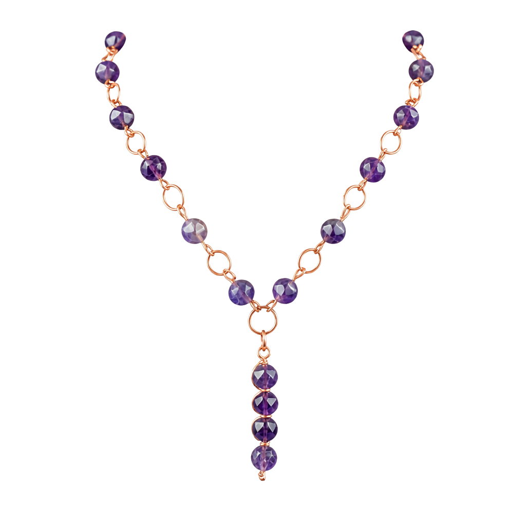 Handmade Wire-Wrapped Copper Chain Necklace Amethyst Beads and Lariat Drop 1