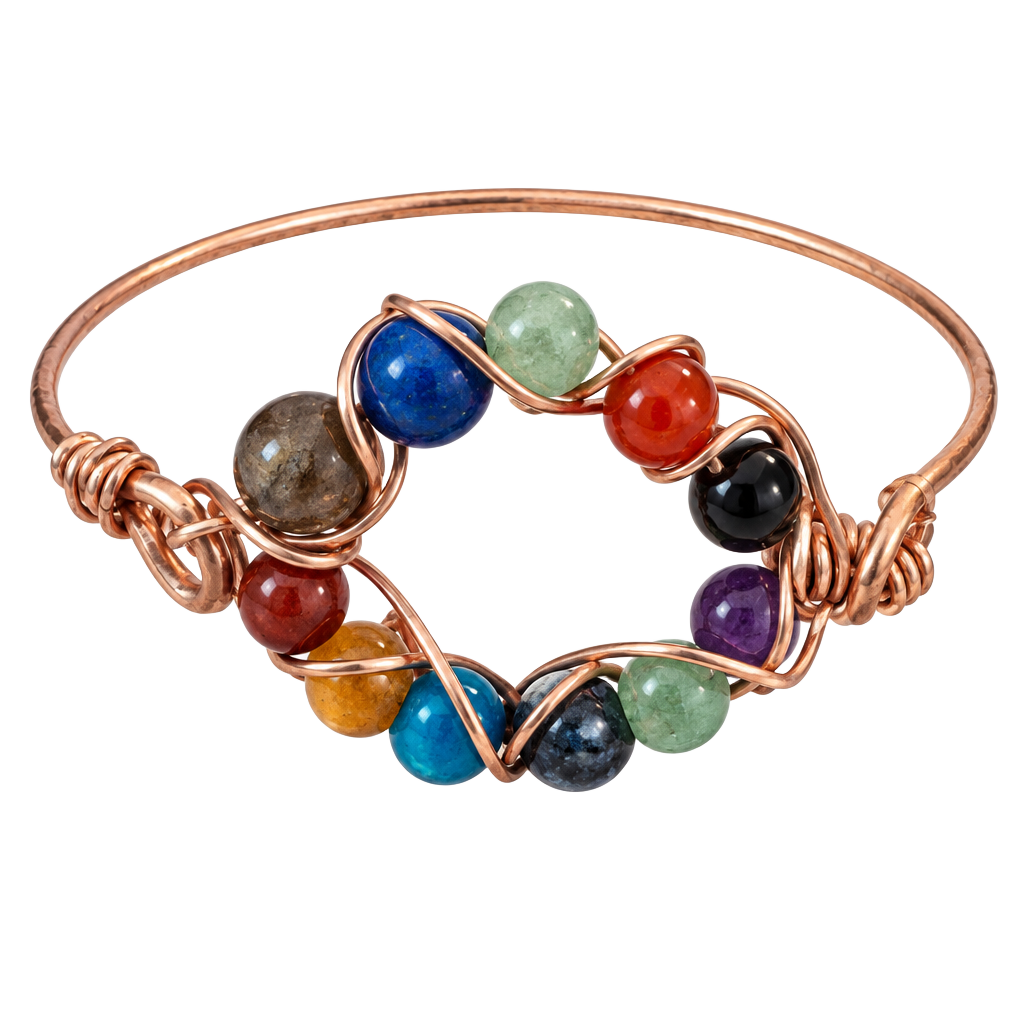 Handmade Copper Wire Wrapped Gemstone Chakra Bangle Bracelet 1