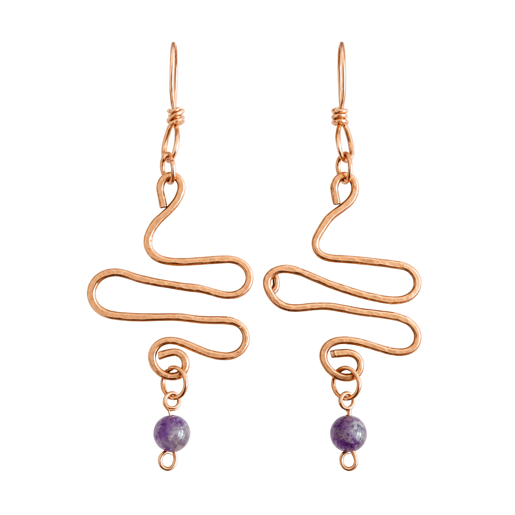 Handmade Copper Wire Wrapped Scroll Dangle Earrings with Amethyst Beads 1