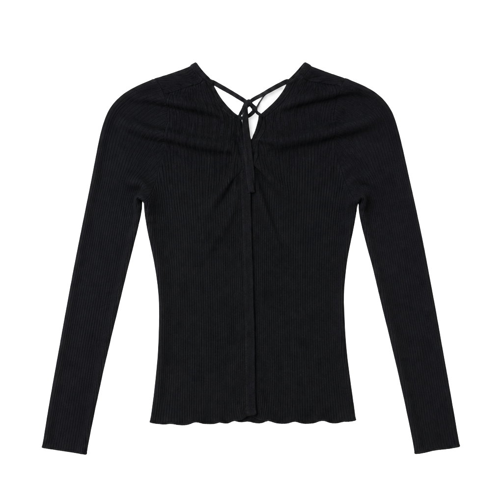 Love Tree Black Ribbed Knit Sweater with Lace-Up Detail 1