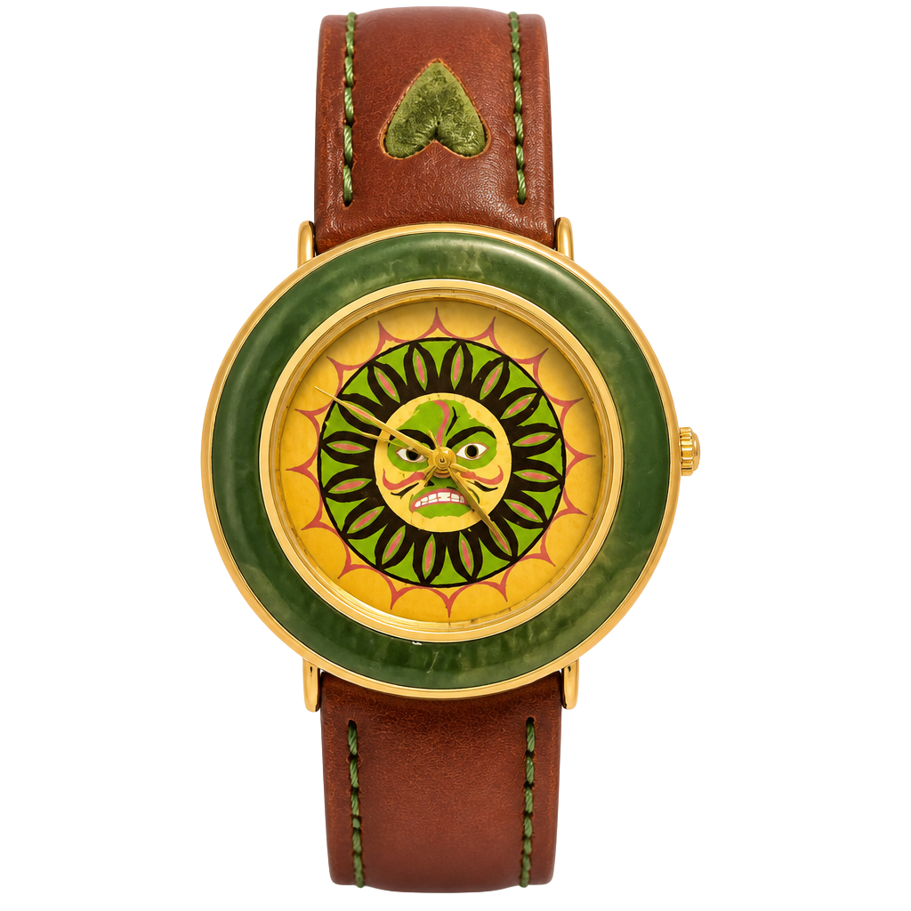 VTG Oscardo Japanese Sun Face Analog Watch, Green Laced Brown Leather Band 1