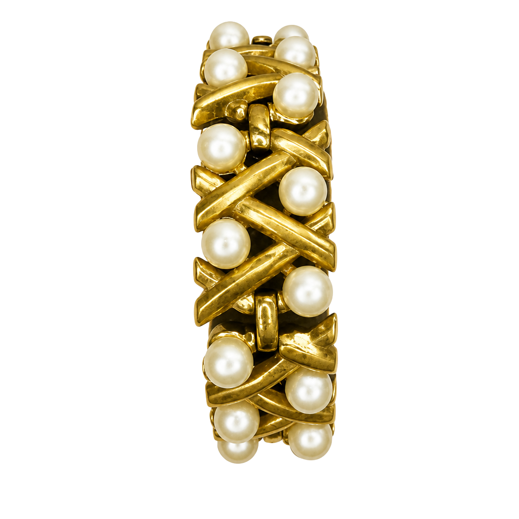 Vintage Trifari Goldtone Faux Pearl Chain Bracelet 7.5" Signed 1