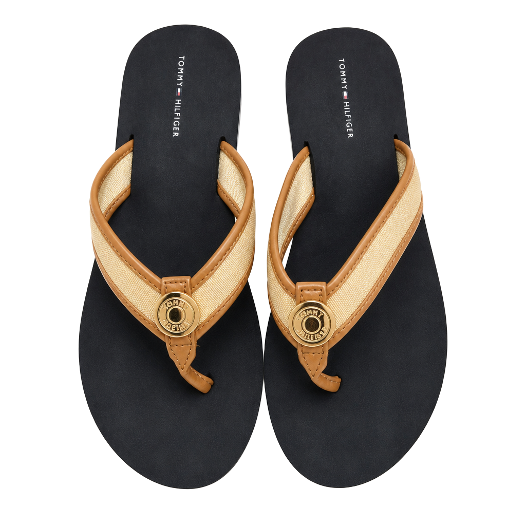 Tommy Hilfiger Web-Strap Flip Flop Sandals Tan and Black with Gold Logo Accent 1