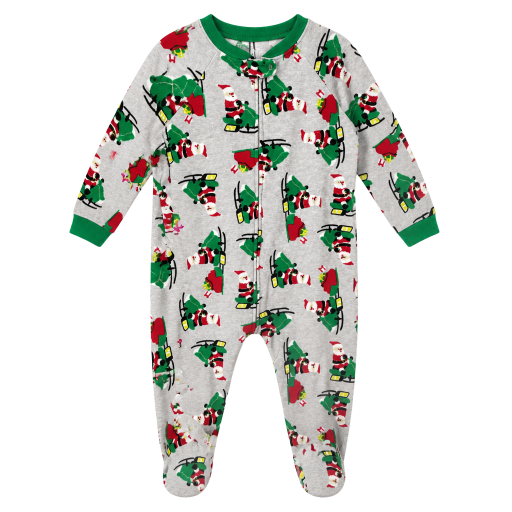 Santa Sleigh Reindeer Christmas Footed Zip-Up Fleece Pajama Onesie 1