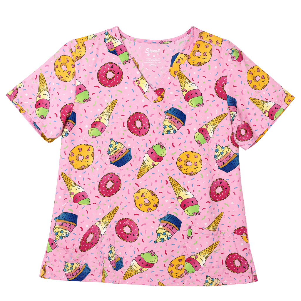 Sienna Love Women's Pink Dessert Print Short Sleeve V-Neck Scrub Top 1