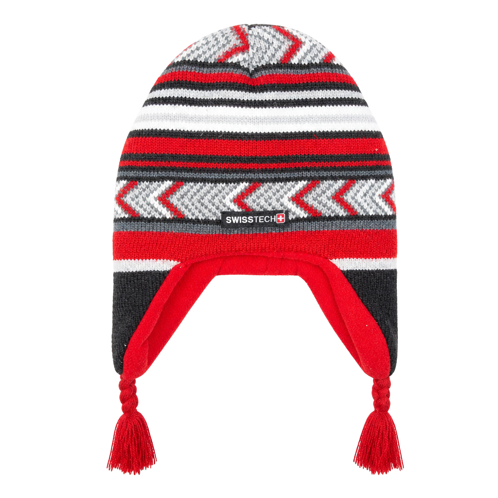 SwissTech Geometric Knit Fleece Lined Winter Beanie Hat with Ear Flaps/Tassels 1