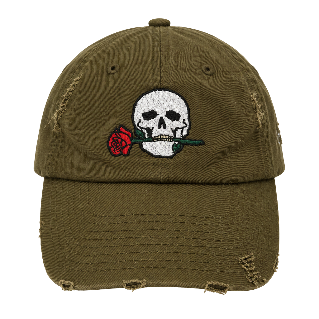 Field Grade Skull Rose Distressed Olive Green Dad Hat 1