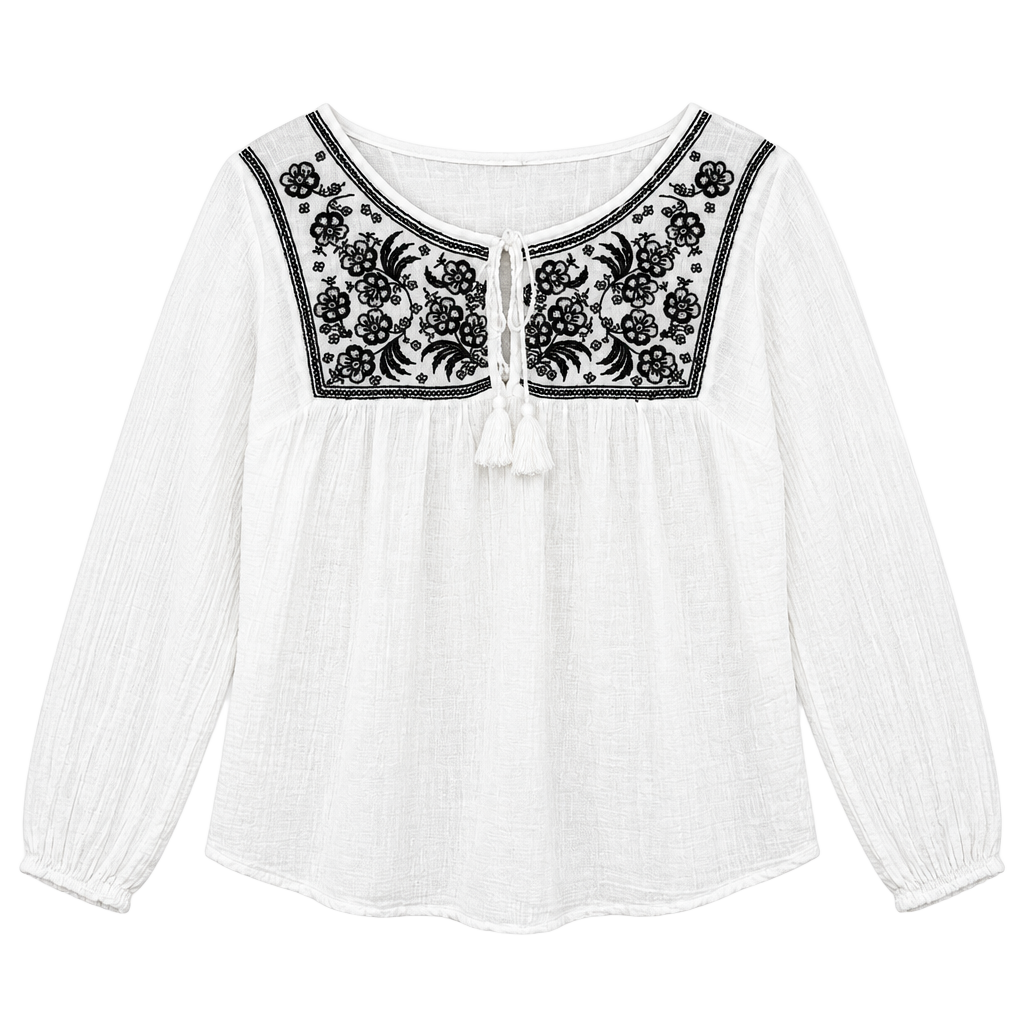 Max Studio White Embroidered Tunic Top with Tassel Neckline Size L 1