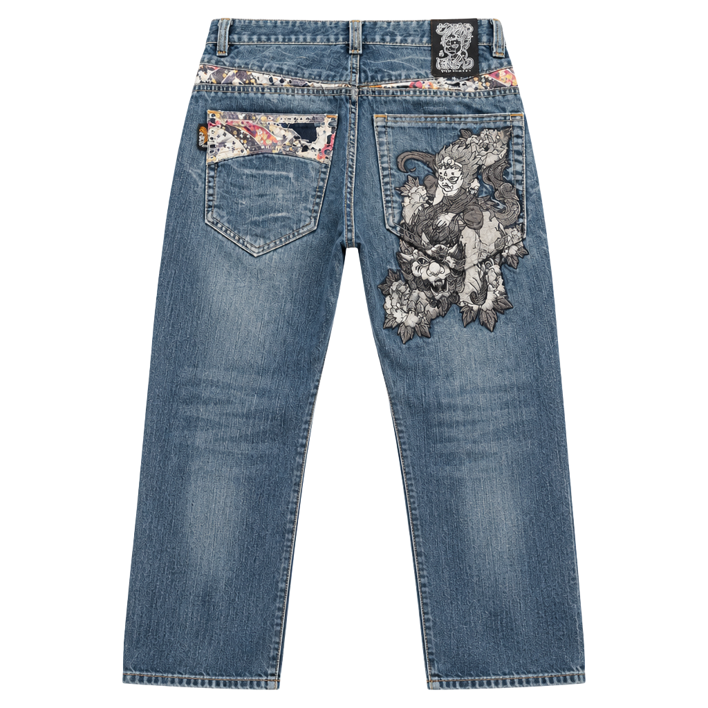 JizoJapanese Brand Embroidered Distressed Denim Jeans Blue 1