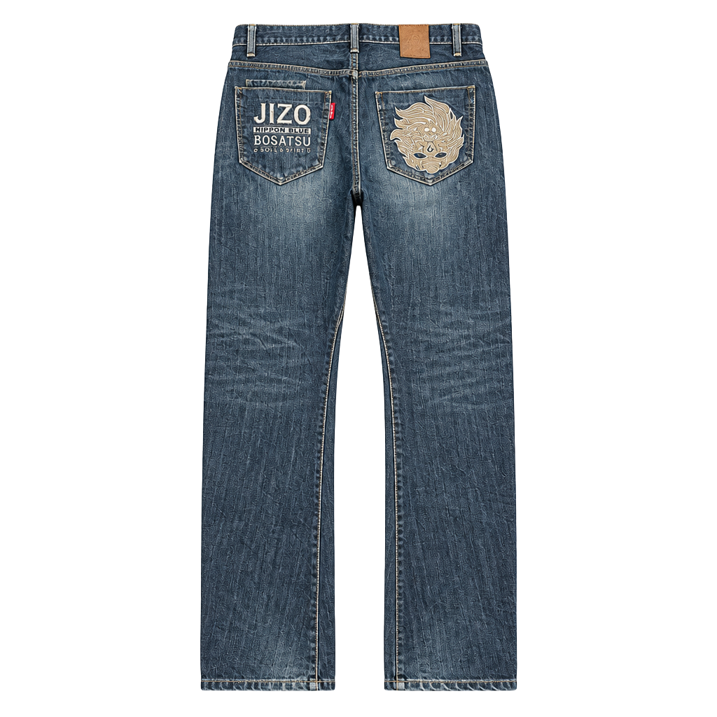 Nippon Blue Jizo Bosatsu Japanese Denim Jeans Embroidered Y2K Dark Wash Denim 1