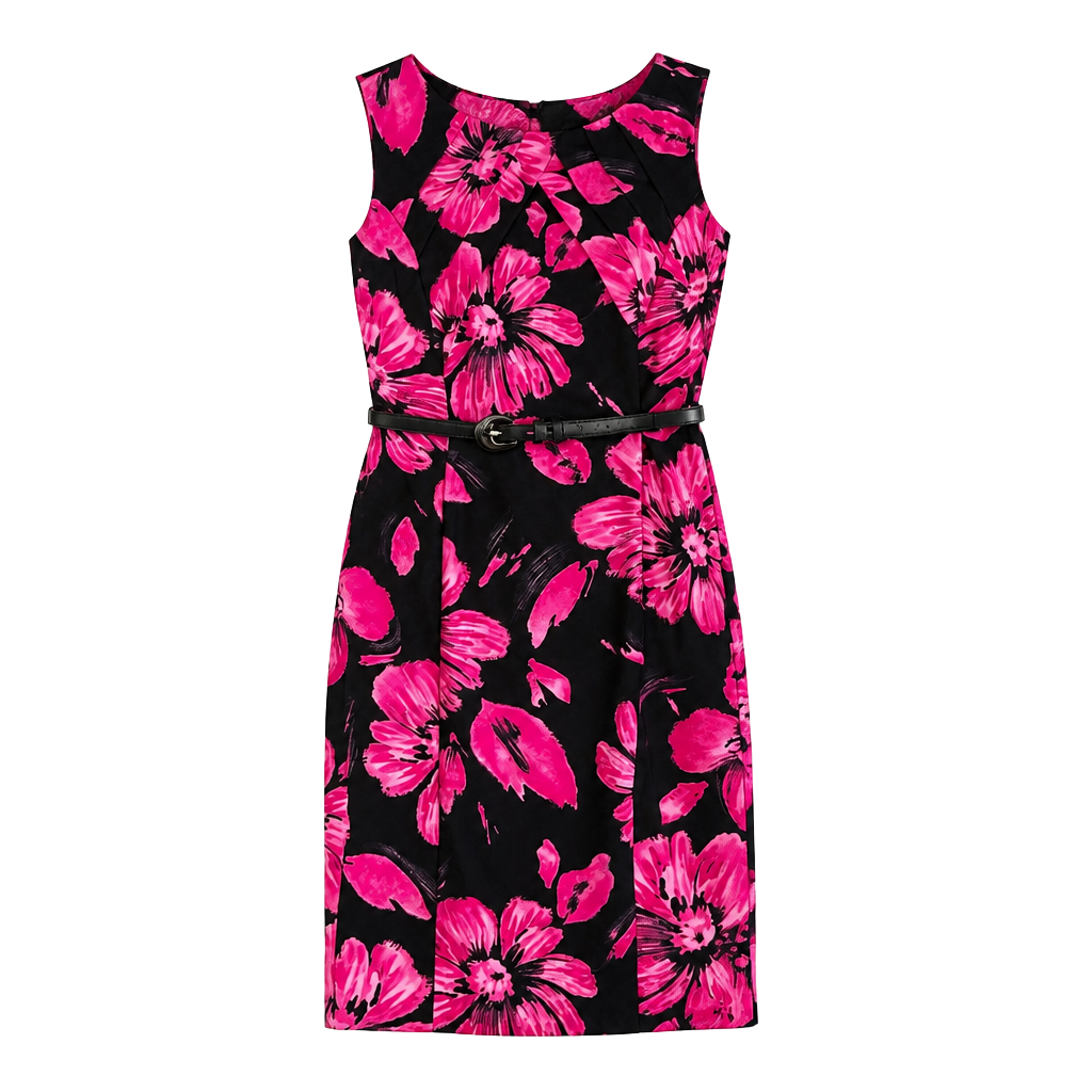 Dressbarn Dress Size 6 Black Pink Floral Sleeveless Sheath Belted 1