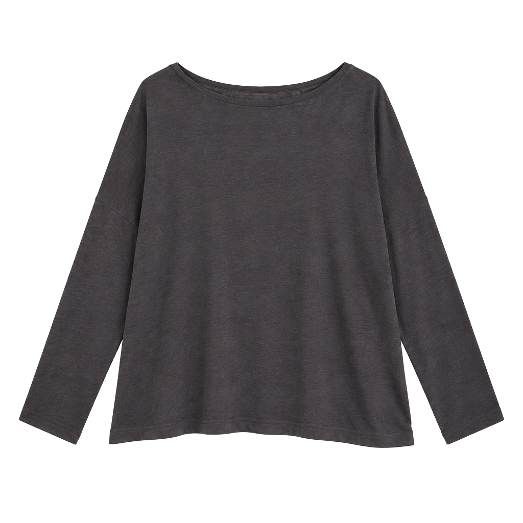 Eskandar Cotton Jersey Long Sleeve Scoop Neck Top Dark Gray 1