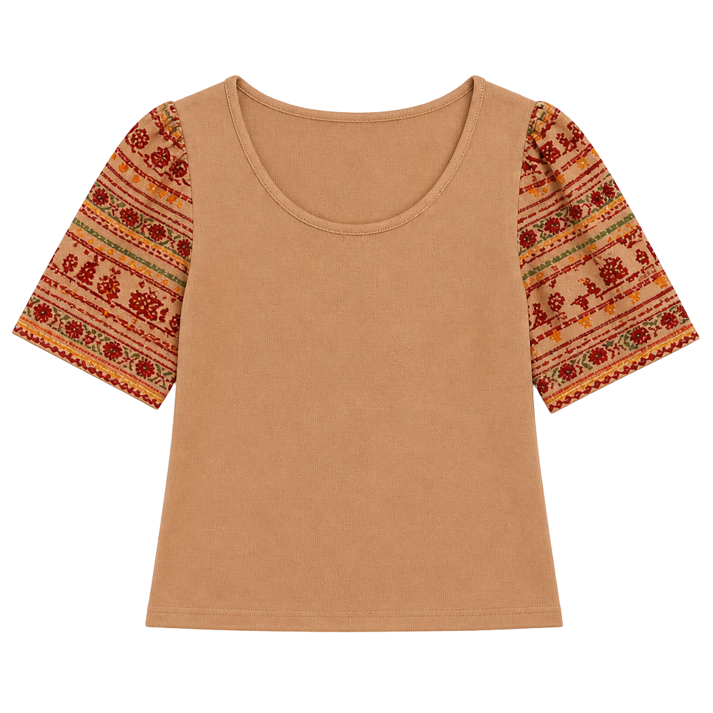 DOLAN Top Size L Tan Ribbed Knit Embroidered Puff Sleeve 1