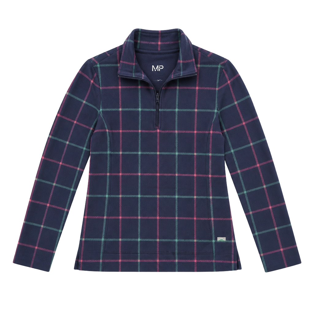 T by Talbots Navy Blue Windowpane Plaid Quarter Zip Pullover 1