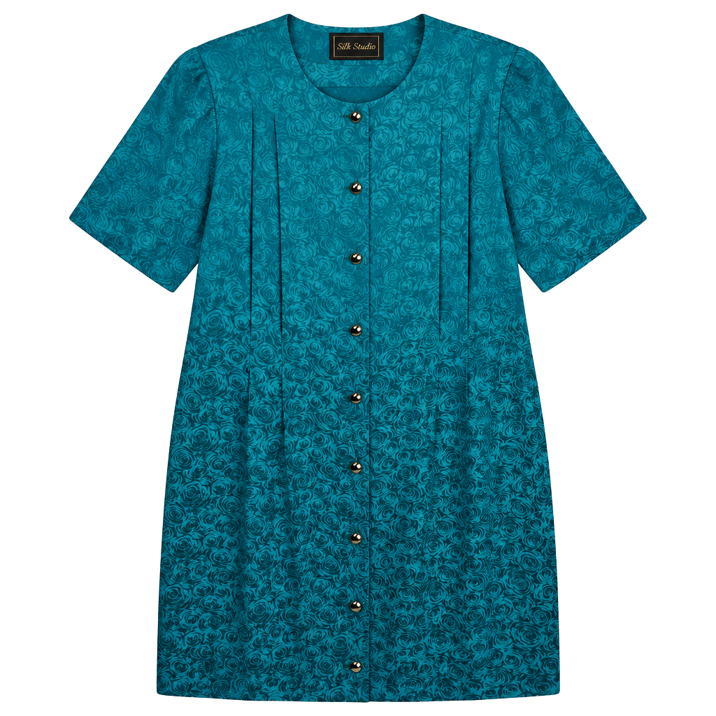 Silk Studio Silk Dress Size 14 Teal Jacquard Floral Short Sleeve 1