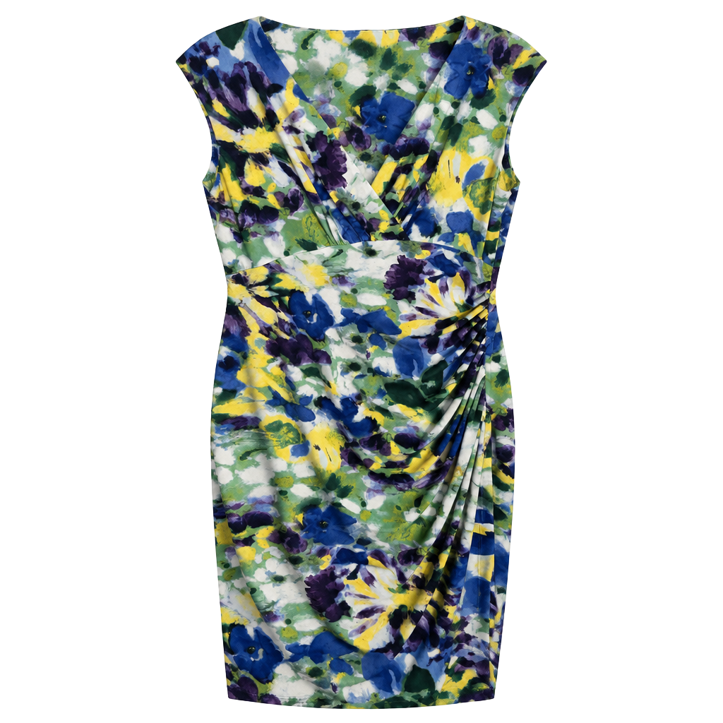 Lauren Ralph Lauren Dress Size 8 Floral Print Ruched V-Neck Cap Sleeve 1