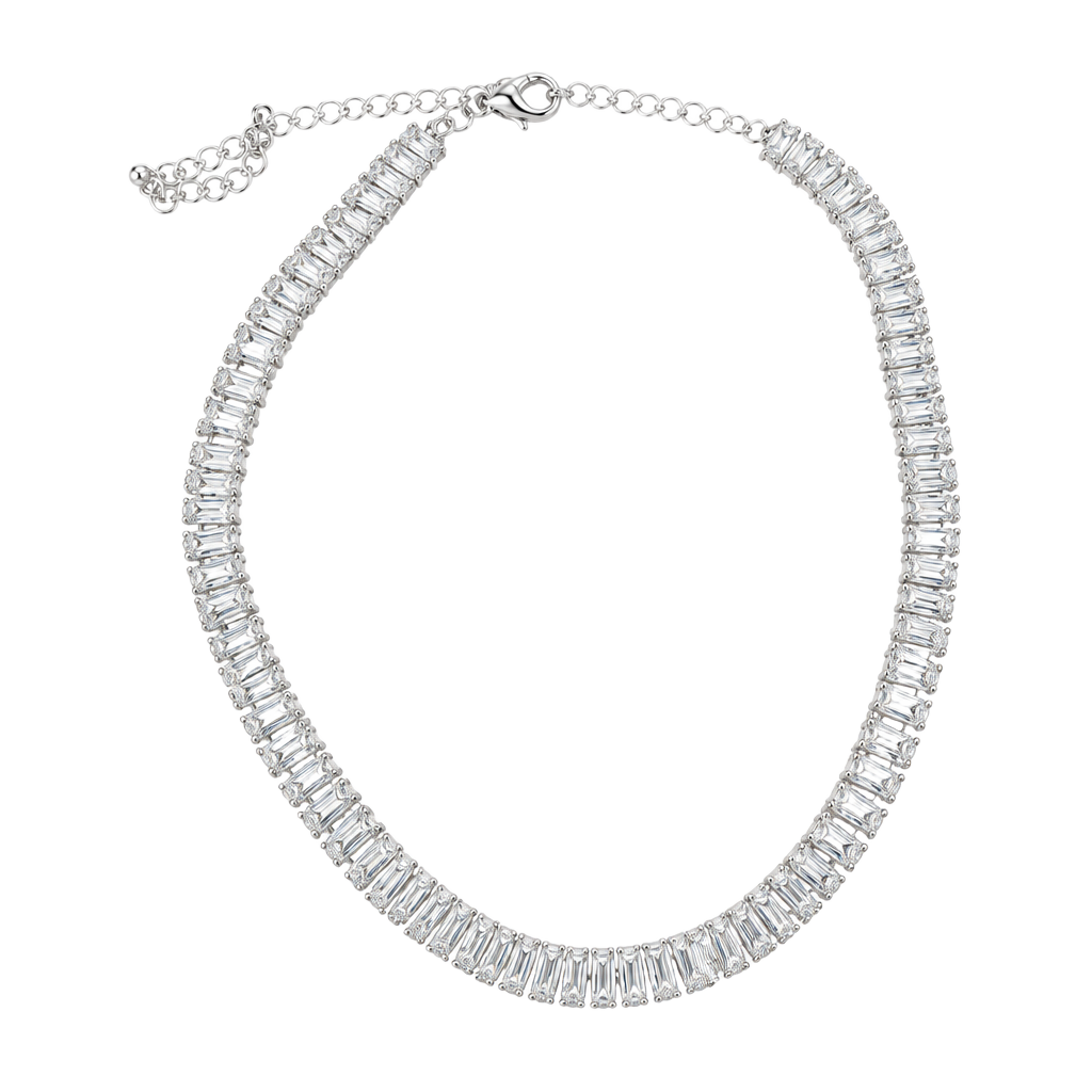 Crystal Baguette Tennis Choker Necklace Silver Tone 1