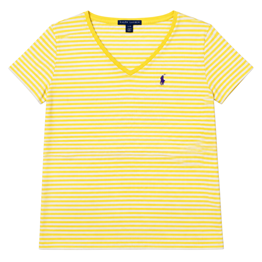 Ralph Lauren Striped V-Neck T-Shirt Size L Yellow White 1