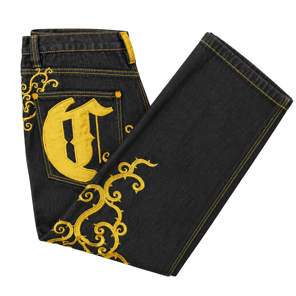 Vintage COOGI Heritage Baggy Denim Jeans Black Gold Embroidered W34 Y2K Rap 1
