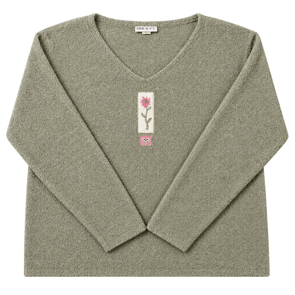 Brindah V-Neck Sweatshirt Green Floral Applique 1