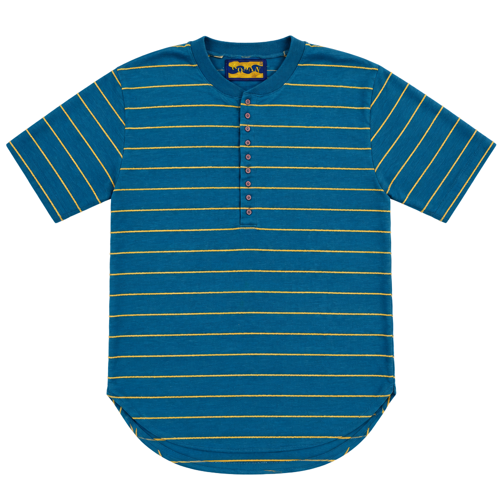Koman Striped Henley Shirt Size S Blue Yellow Short Sleeve Vintage 1