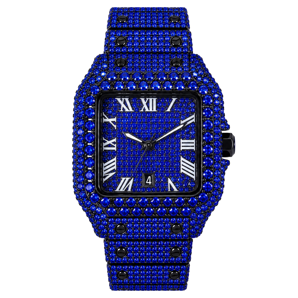 Fashion Watches Blue Iced Out Square Dial Roman Numerals Quartz Watch 1