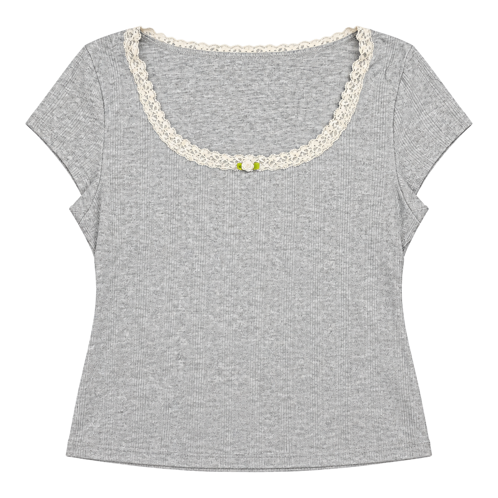 Wild Fable Rosette Lace Trim Baby Tee Size L Gray Ribbed Short Sleeve 1