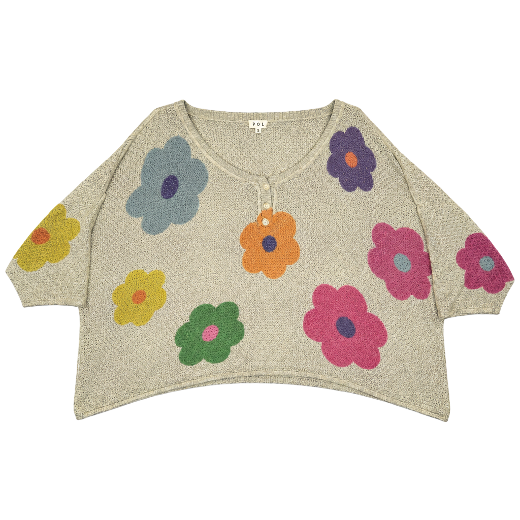 POL Groovy For You V-Neck Flower Print Top In Ivory Size S 1