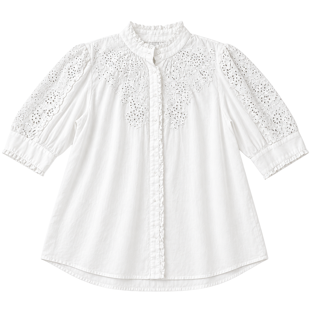 J.Crew Ruffle Neck Eyelet Embroidered Blouse Size L White (b1) 1