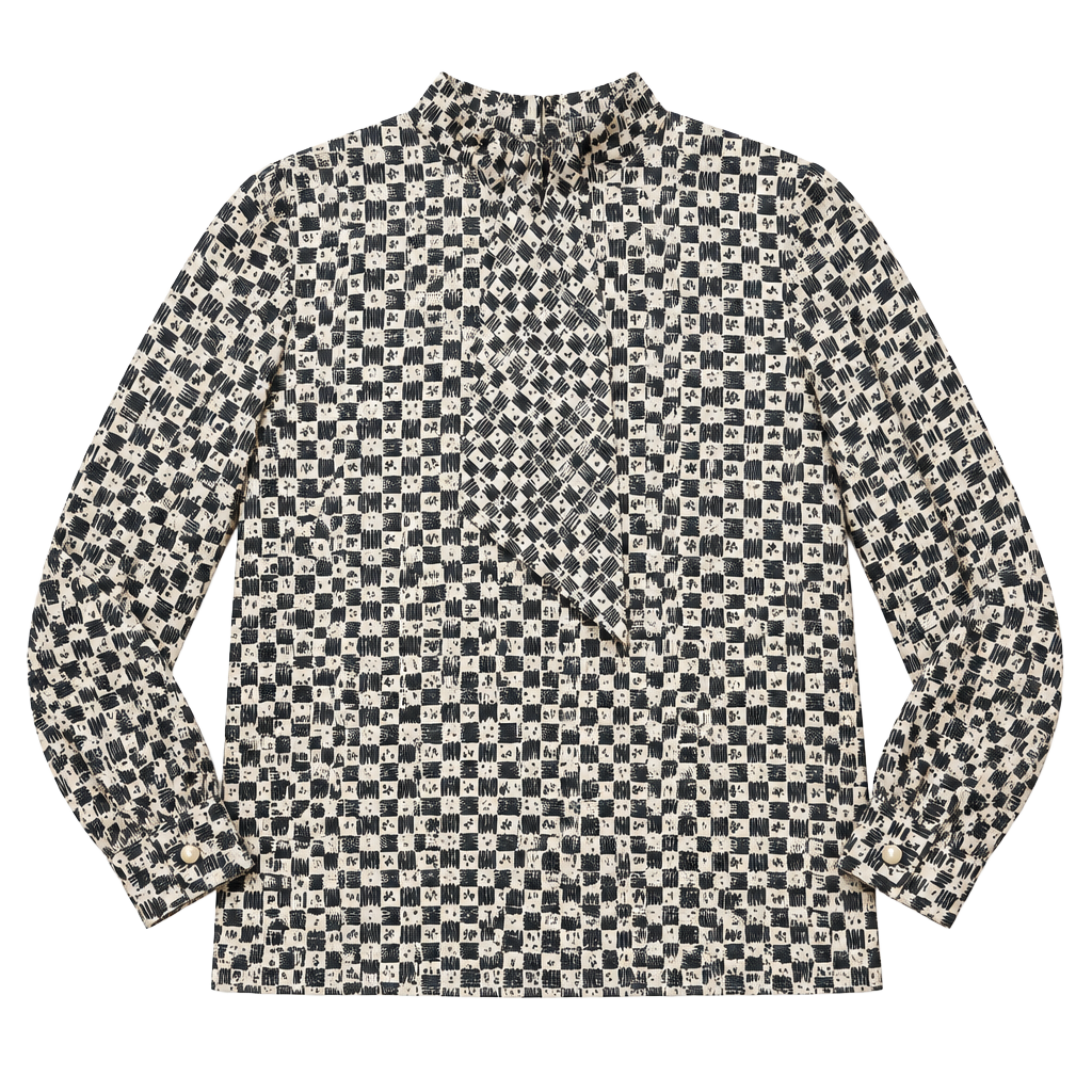 Carlisle Printed Silk Blouse Black Cream Mock Neck (q1) 1