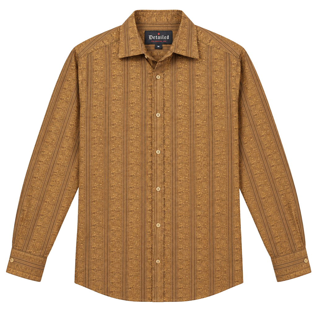 Detailed Long Sleeve Button Down Shirt Size M Brown Pattern 1