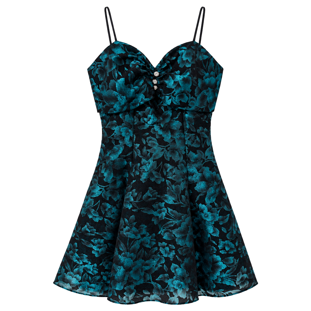 Michele Vincent Velvet Mini Dress Size 7/8 Black Teal Floral Prom Fairy Goth 1