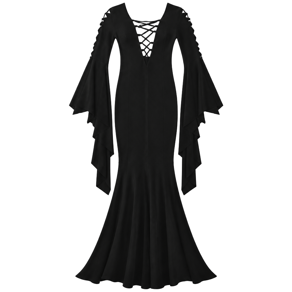 Gothic Medieval Lace-Up Long Sleeve Black Dress Costume 1