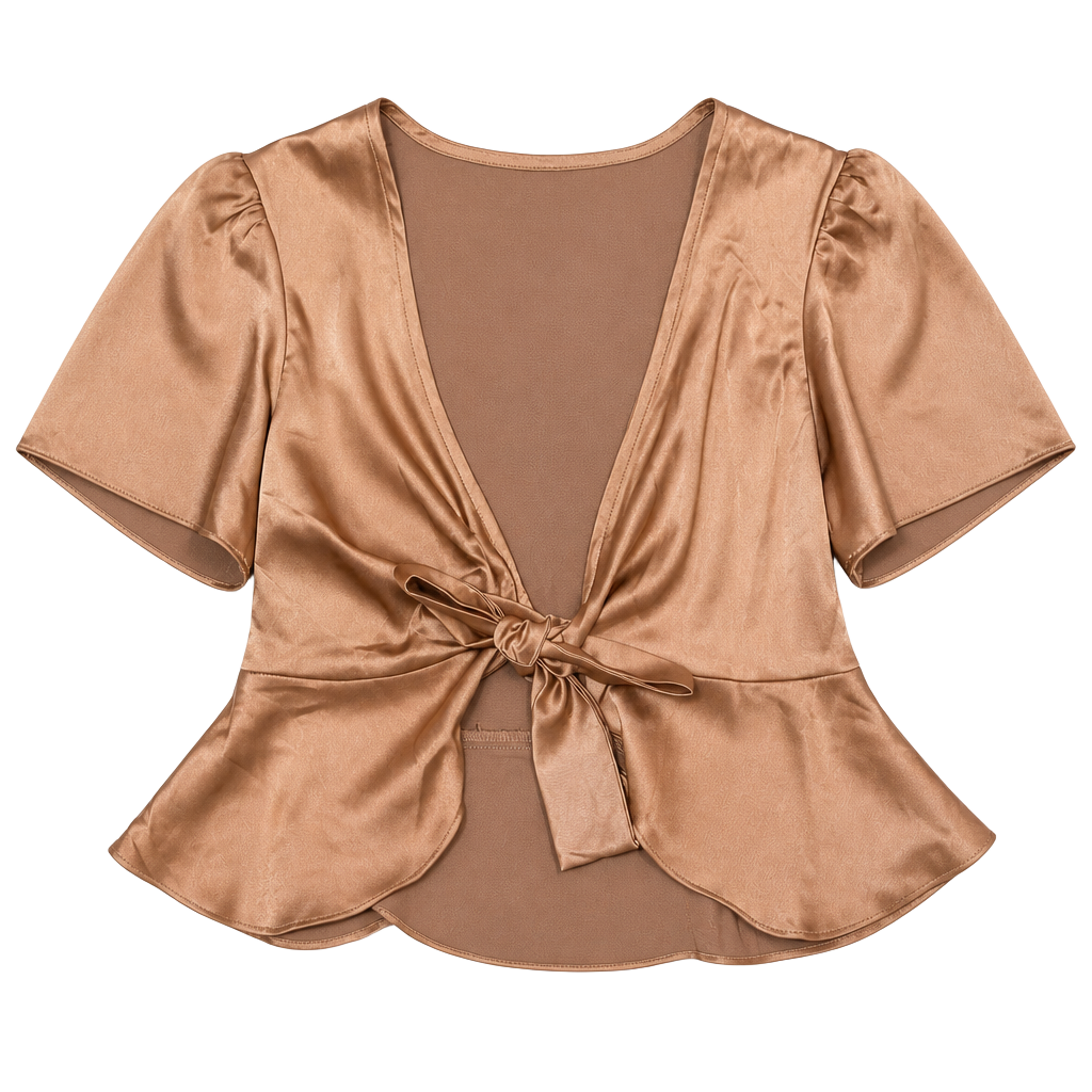 Wild Fable Brown Satin Front Tie Peplum Short Sleeve Top Size XS 1