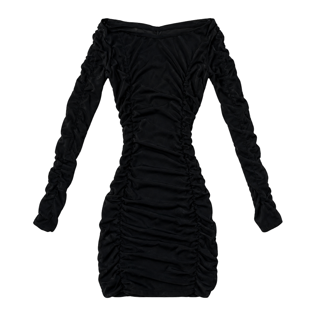 Black Sheer Mesh Long Sleeve Ruched Mini Dress 1