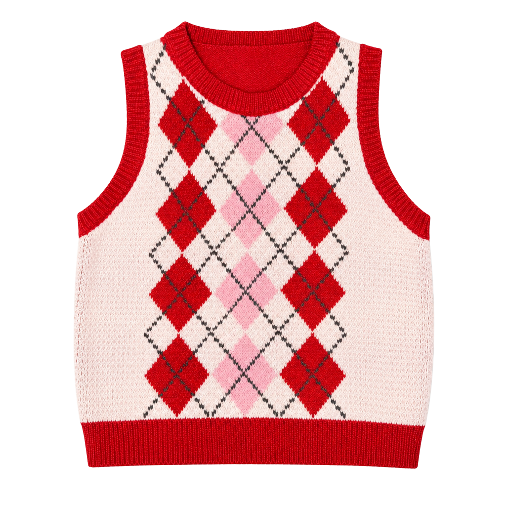 Red and Pink Argyle Pattern Knit Crop Sweater Vest 1