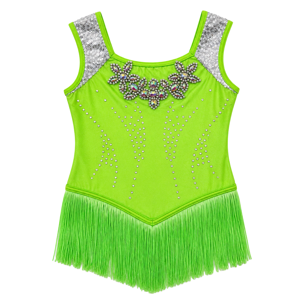 WEISSMAN Neon Green Sleeveless Dance Leotard with Fringe 1