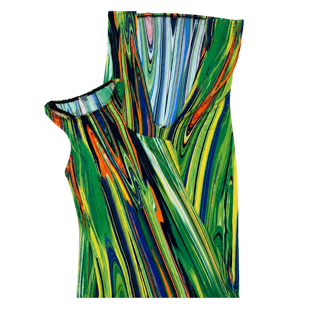 Leigh Abstract Wave Print Green and Blue Sleeveless Maxi Dress 1
