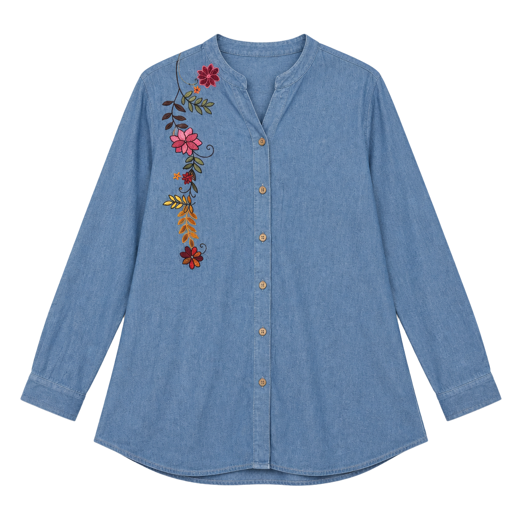 Coldwater Creek Embroidered Denim Shirt Size 2X Blue Floral Button Up 1