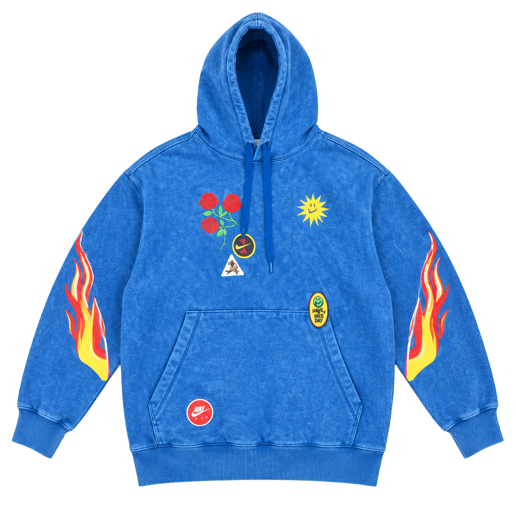 Nike Graphic Hoodie Size XXL Blue Parachute Roses Flames 1