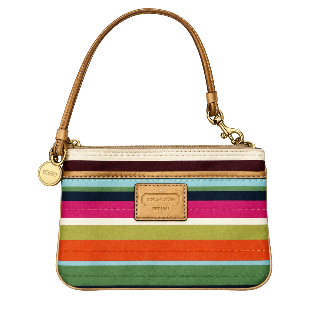 Coach Julia Legacy Stripe Satin Wristlet Multicolor Gold Leather Trim 1