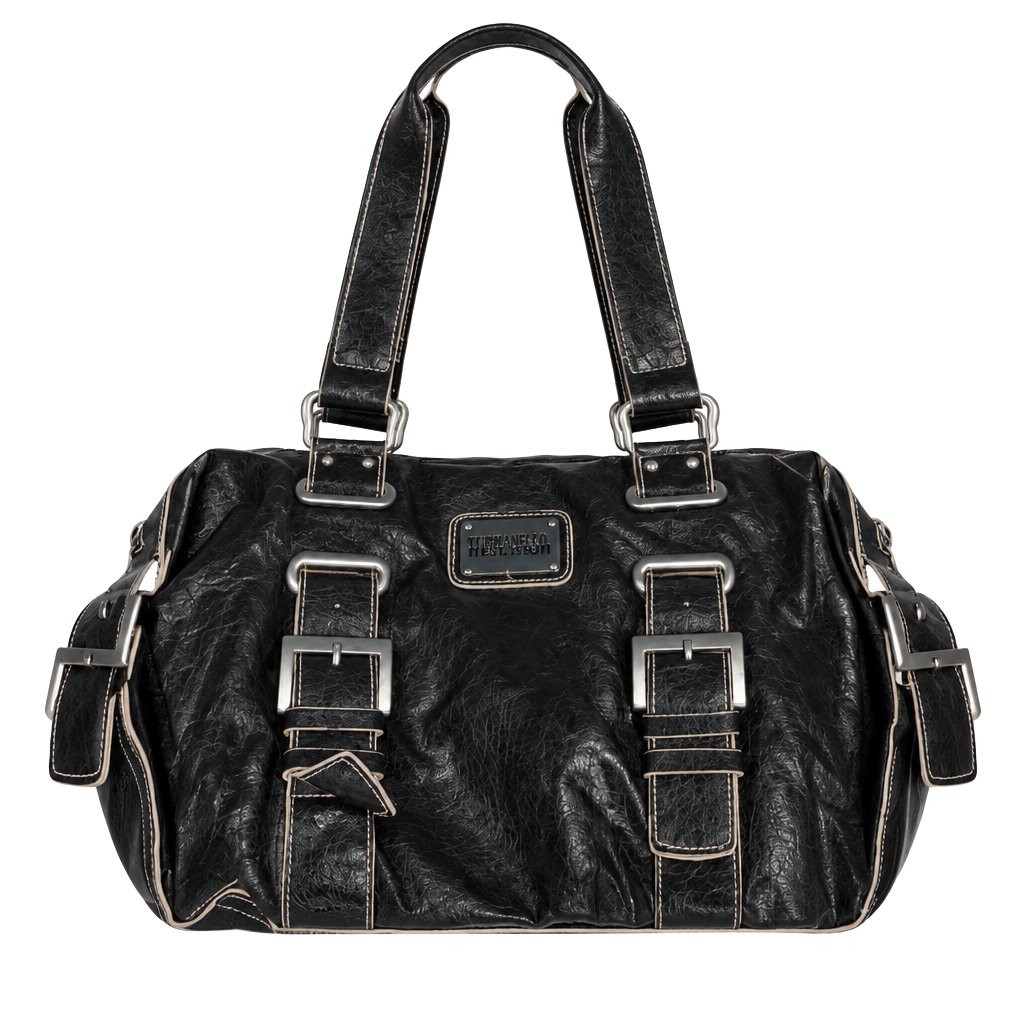 Kenneth Cole Reaction Black Faux Leather Buckle Shoulder Handbag 1