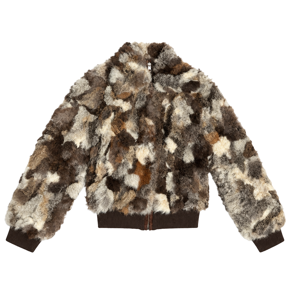 Vintage Rabbit Fur Bomber Jacket Brown Patchwork Real Fur Zip Up 1