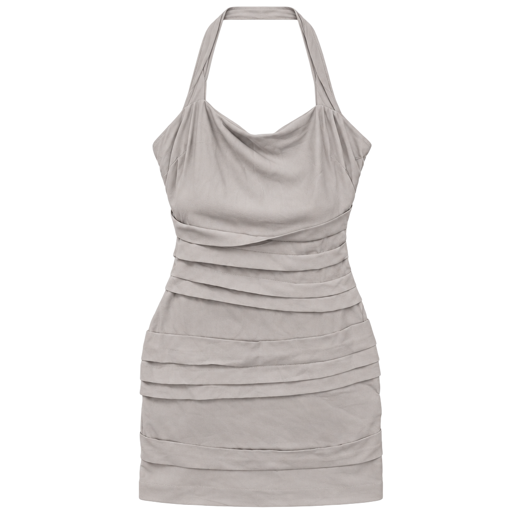 Nikibiki Ruched Halter Dress Size L Beige Sleeveless Mini Bodycon Party 1